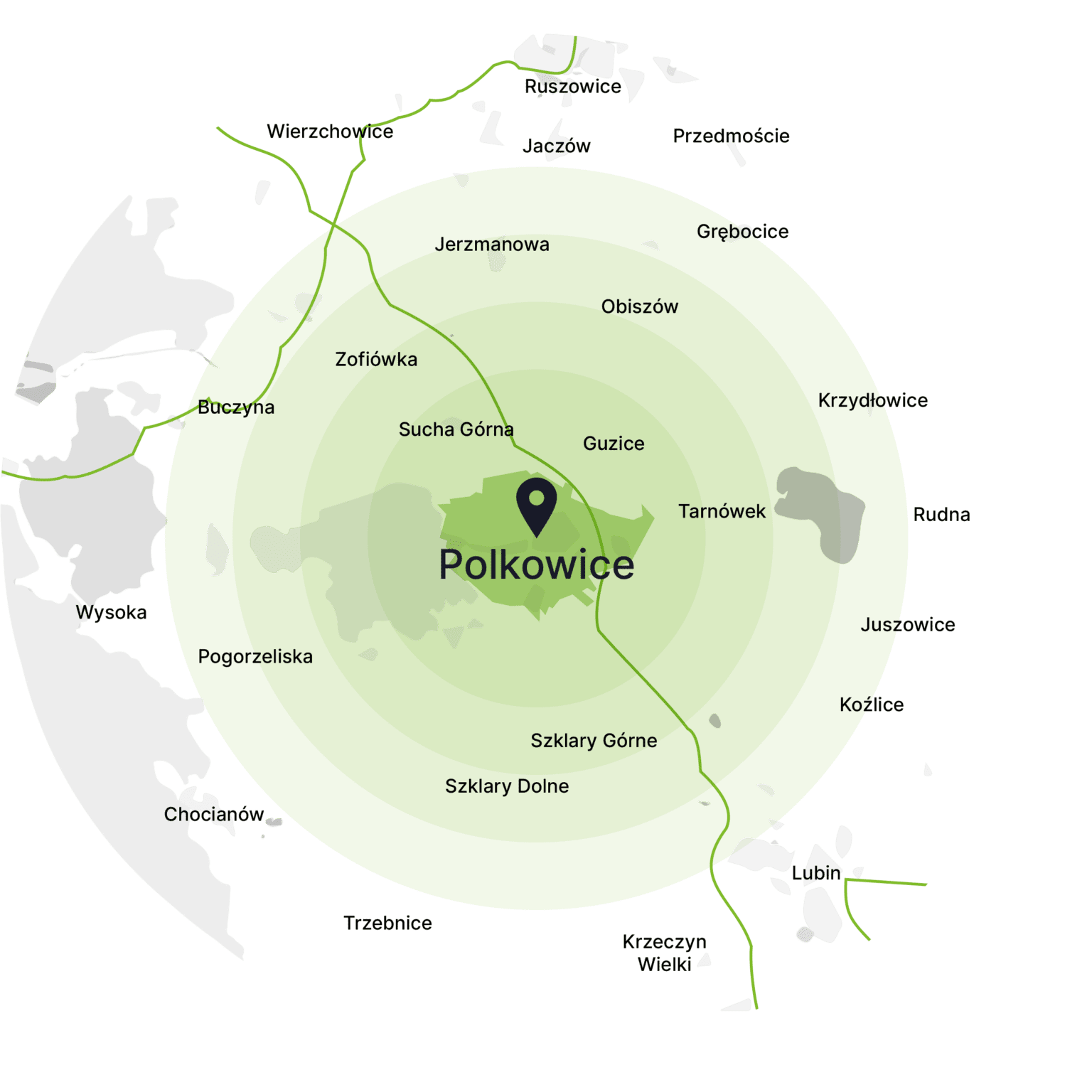 Obszar obsługi kontenerów – mapa, Polkowice
