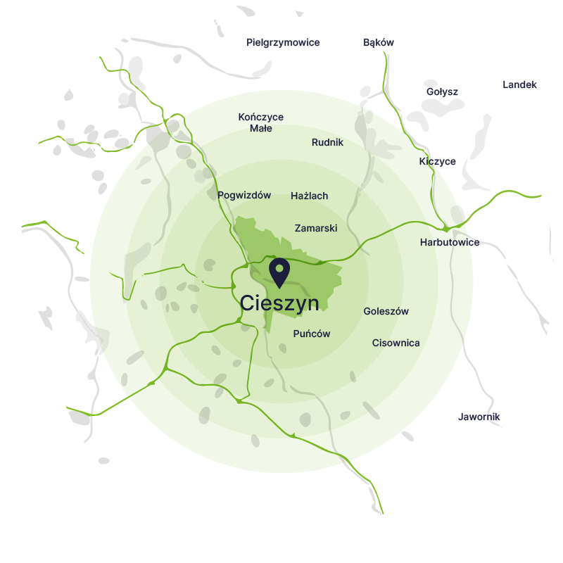 Obszar obsługi kontenerów – mapa, Cieszyn