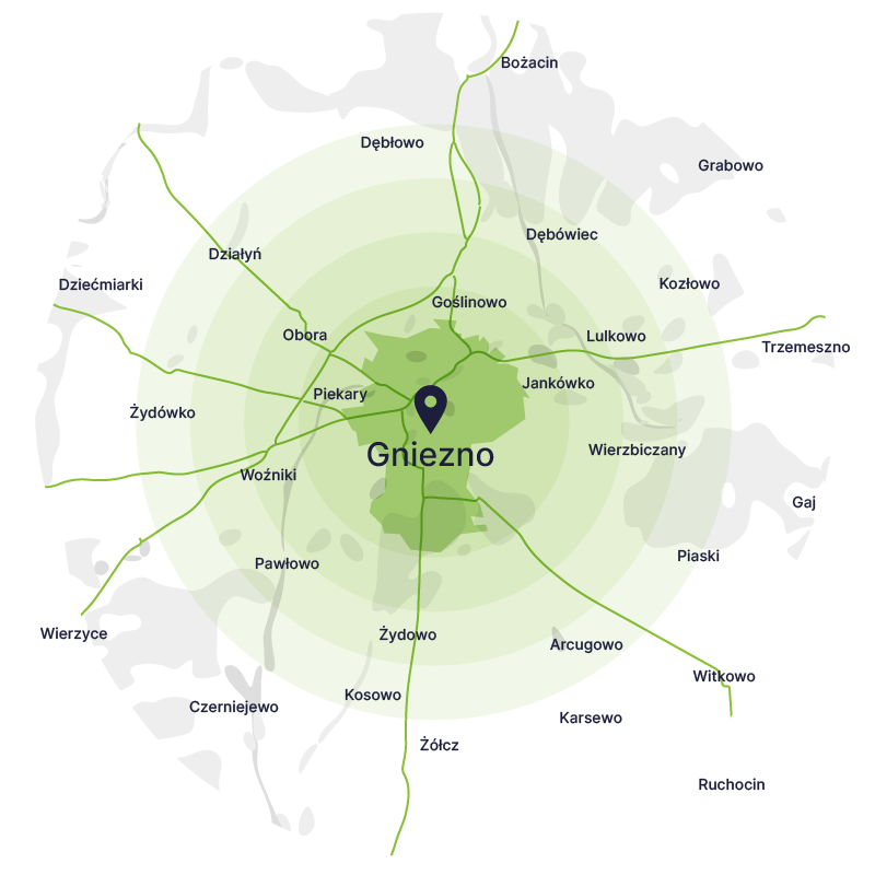 mapa dojazdu kontenerów na gruz w gnieźnie