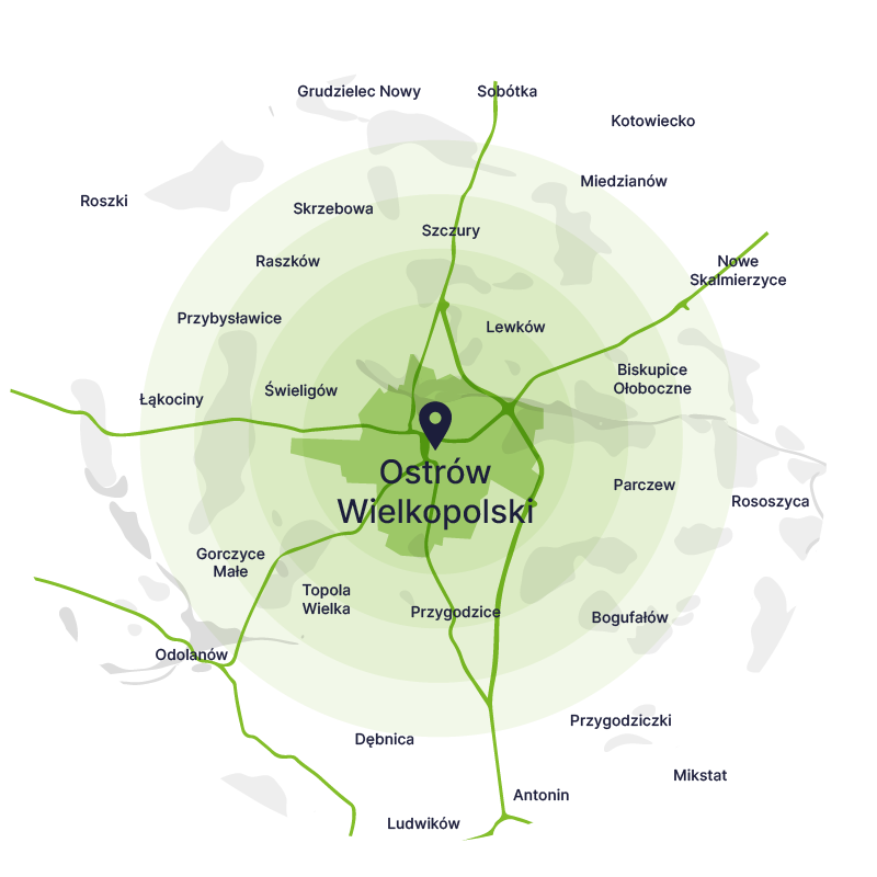 mapa dojazdu kontenerów na gruz ostrów wielkopolski