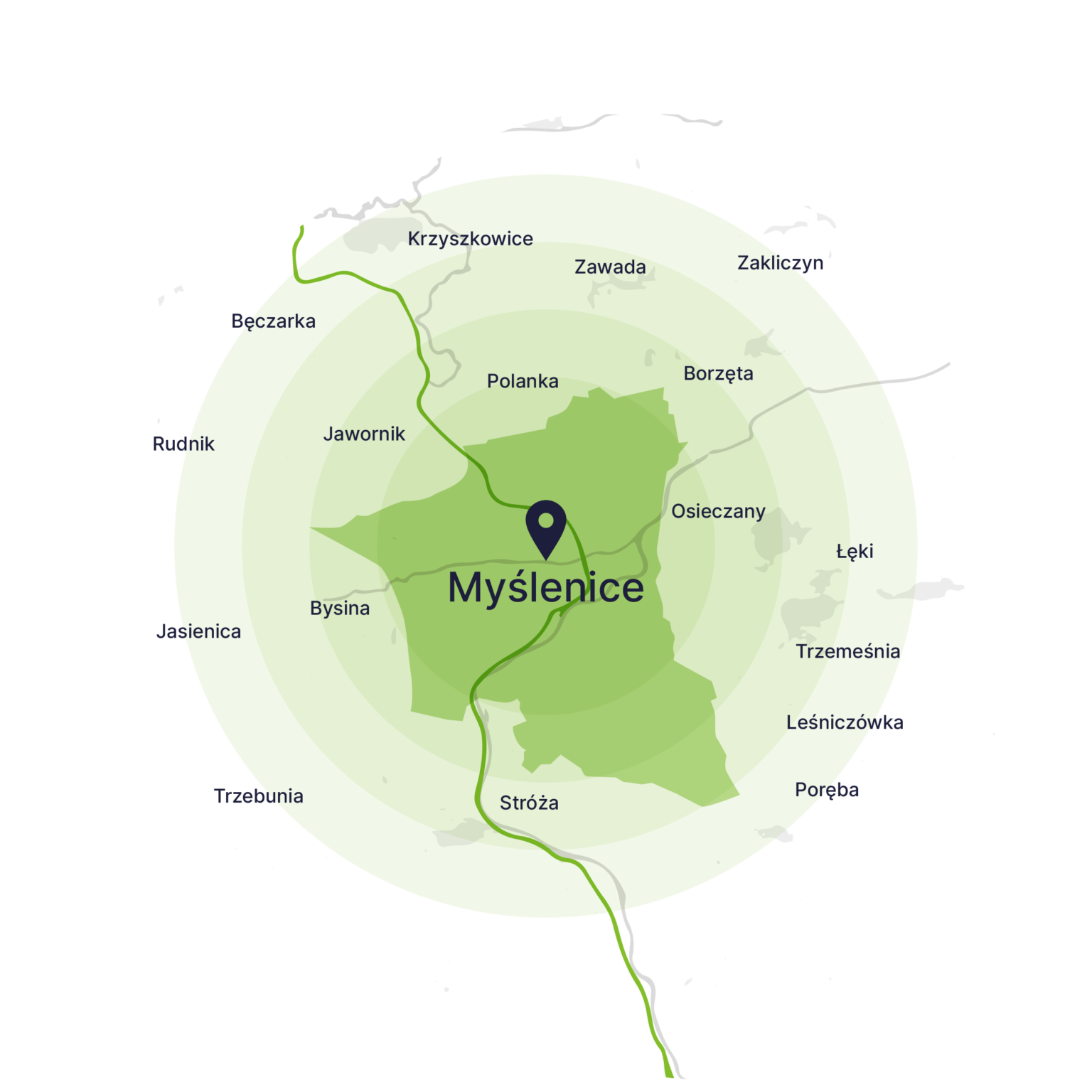 Obszar obsługi kontenerów – mapa, Myślenice