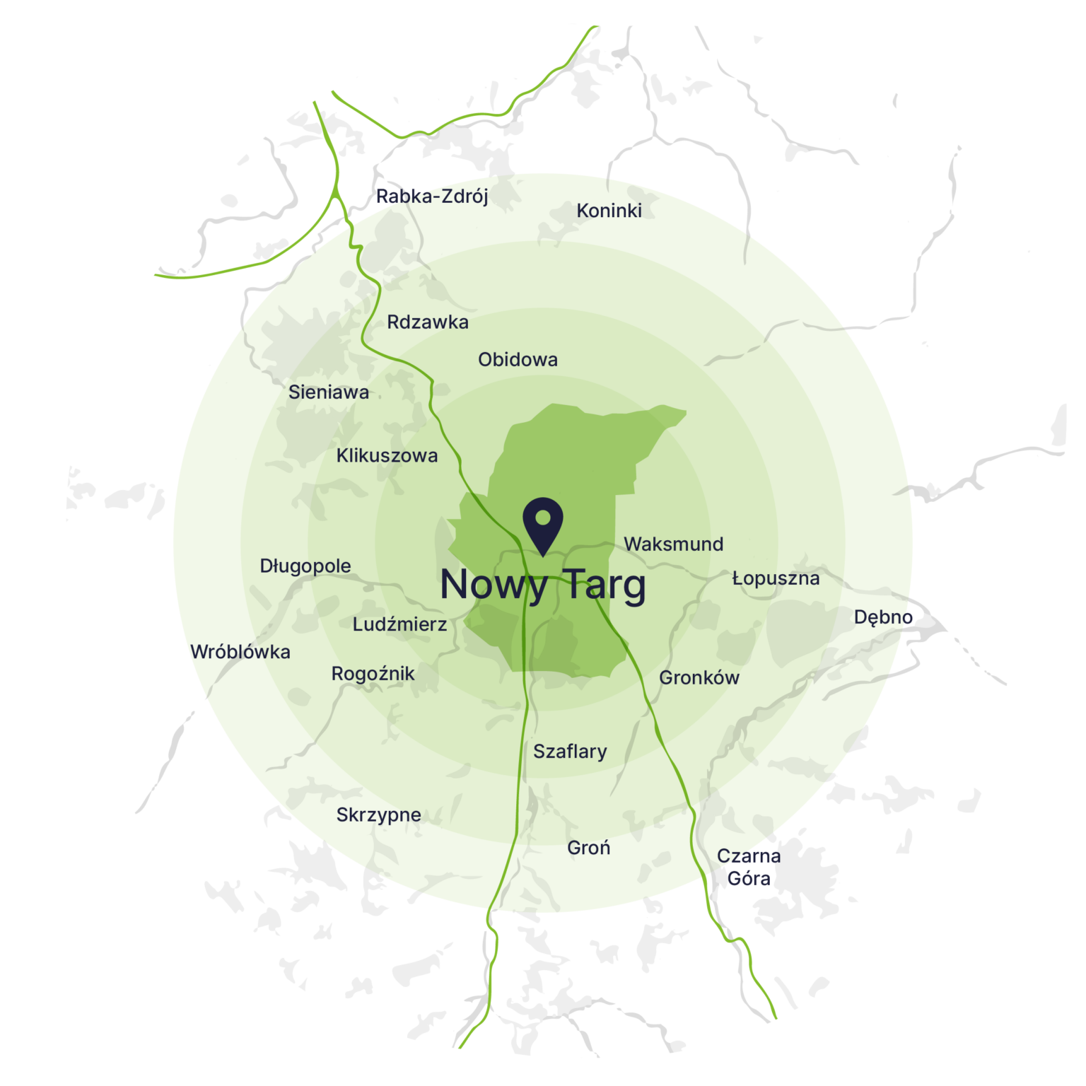 Obszar obsługi kontenerów – mapa, Nowy Targ