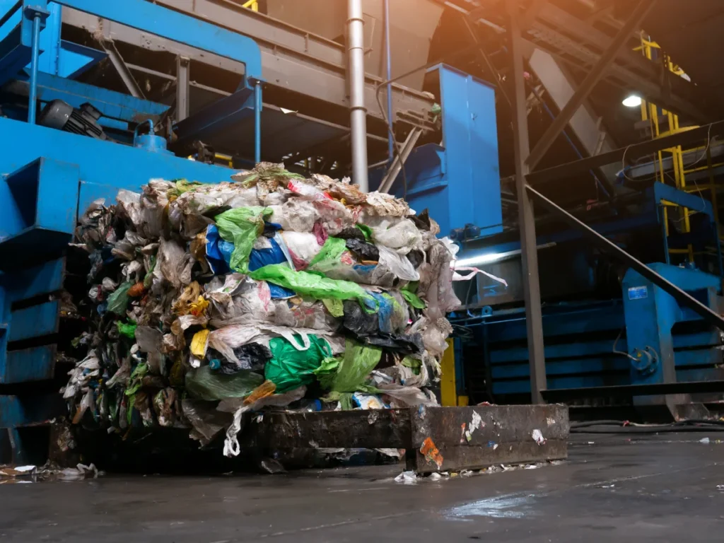 Large bale of compacted mixed waste in a recycling plant beside blue industrial machinery